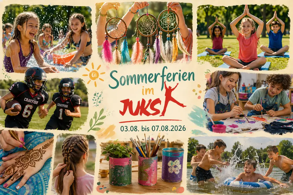 Zeigt Bilder von Kindern in unterschiedlichen Freizeitsituationen, wie Baden, Malen, Sport, Yoga