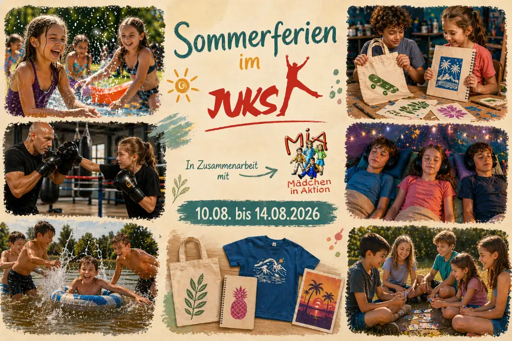 Zeigt Bilder von Kindern in unterschiedlichen Freizeitsituationen, wie Baden, Malen, Sport, Yoga