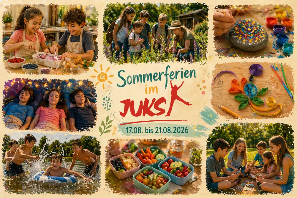 Zeigt Bilder von Kindern in unterschiedlichen Freizeitsituationen, wie Baden, Malen, Sport, Yoga